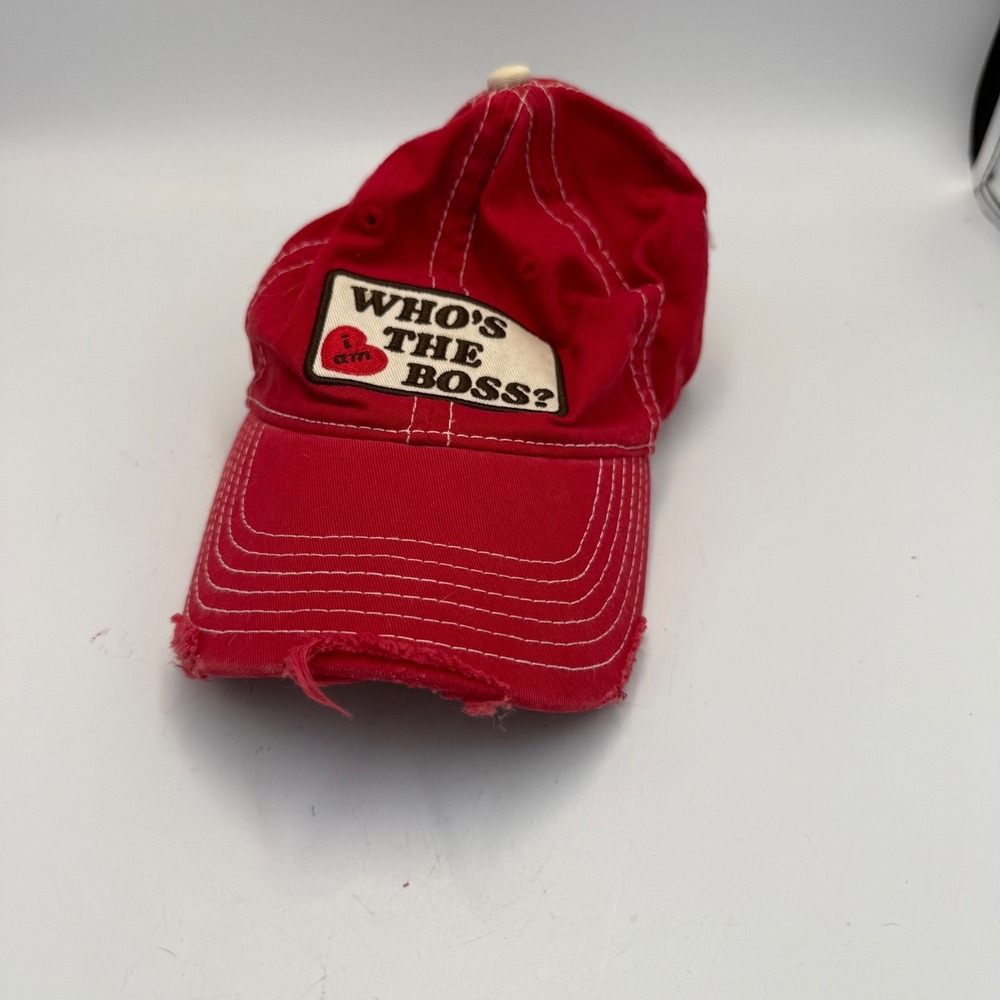 Fossil Red Distressed Baseball Cap Whos The Boss Patch Snapback Hat Womens